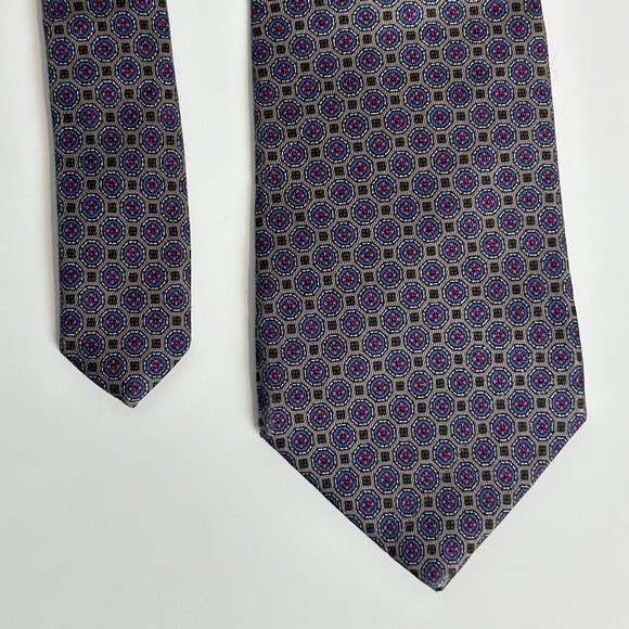 VTG Yves Saint Laurent Grey Geometric Print Silk Tie - Picture 1 of 6